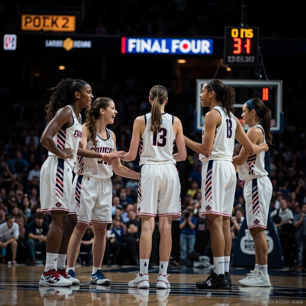 A women's basketball player in mid-jump shot, arena lights creating a halo effect, crowd blurred in the background, tournament signage visible