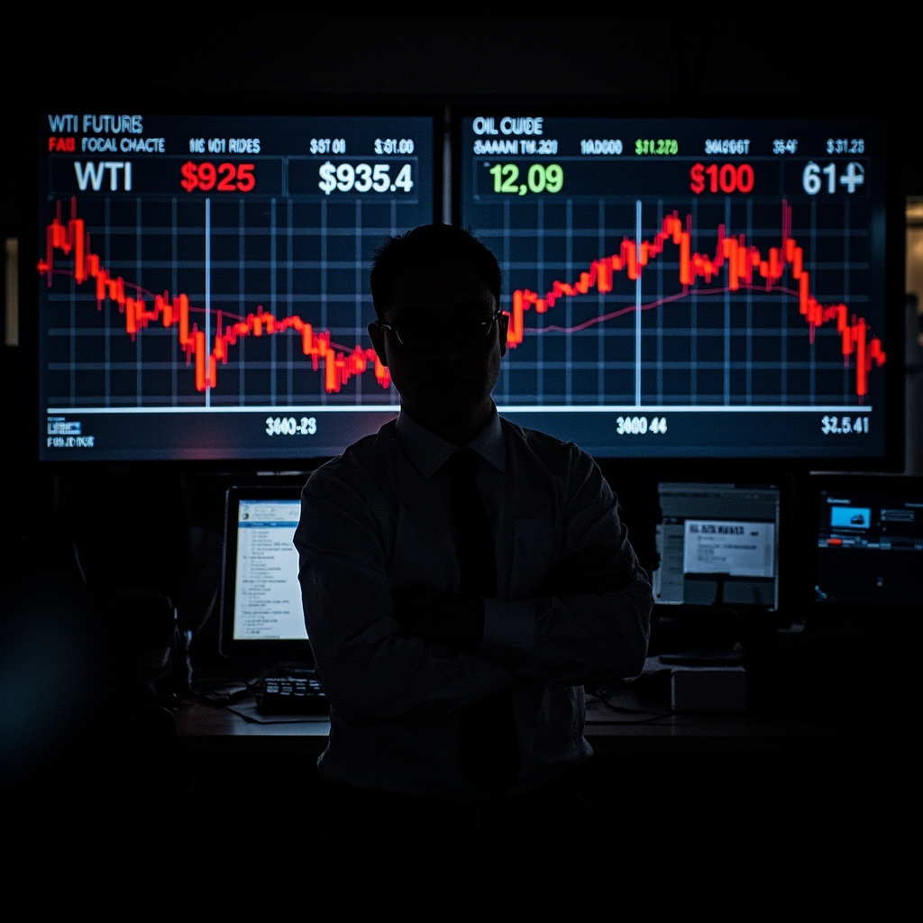 A digital commodities trading screen showing crude oil futures in red, numbers reflected on a dark surface, trading floor atmosphere