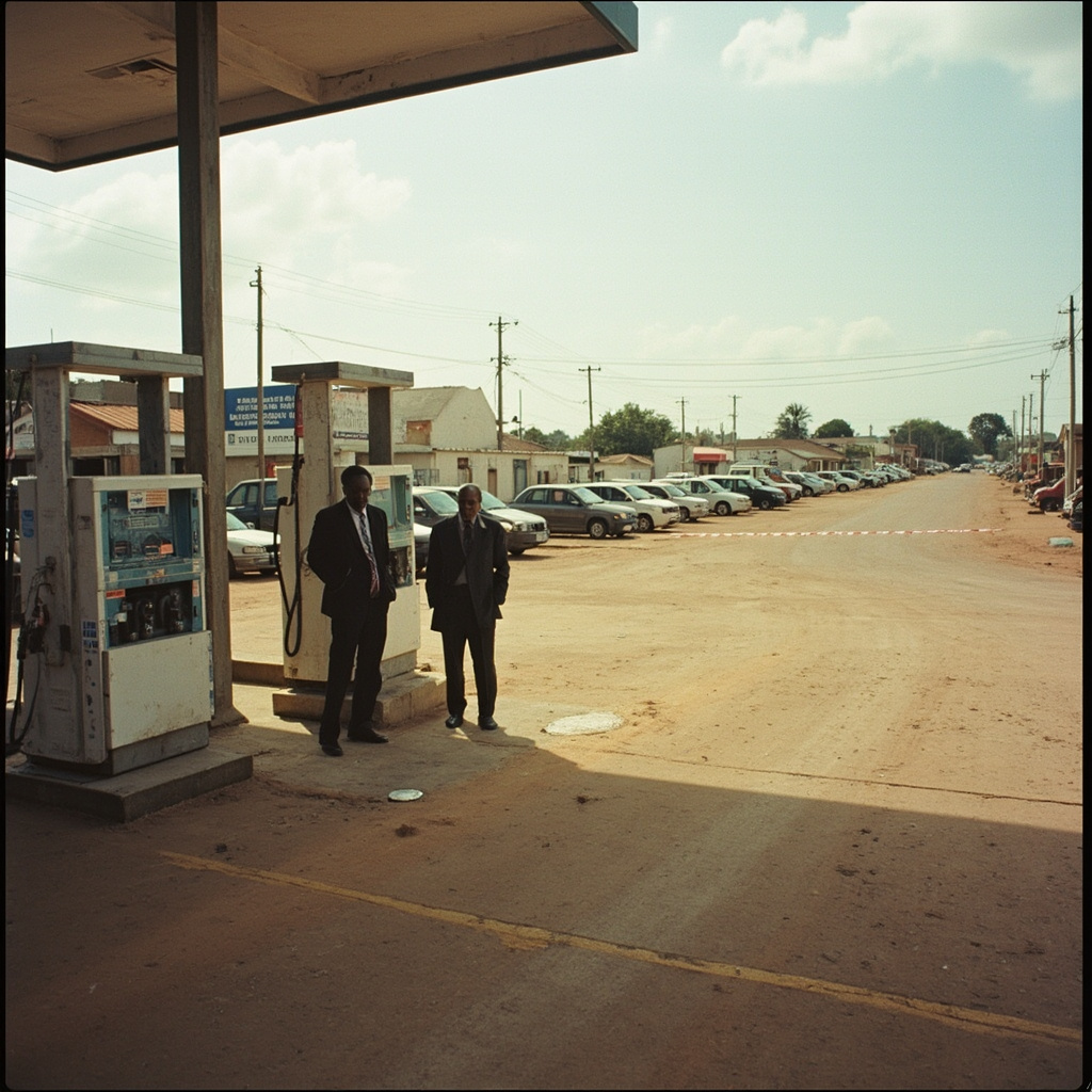 A long queue of vehicles waiting at a fuel station in a Zambian city, dust in the air, late afternoon sun casting long shadows on the road