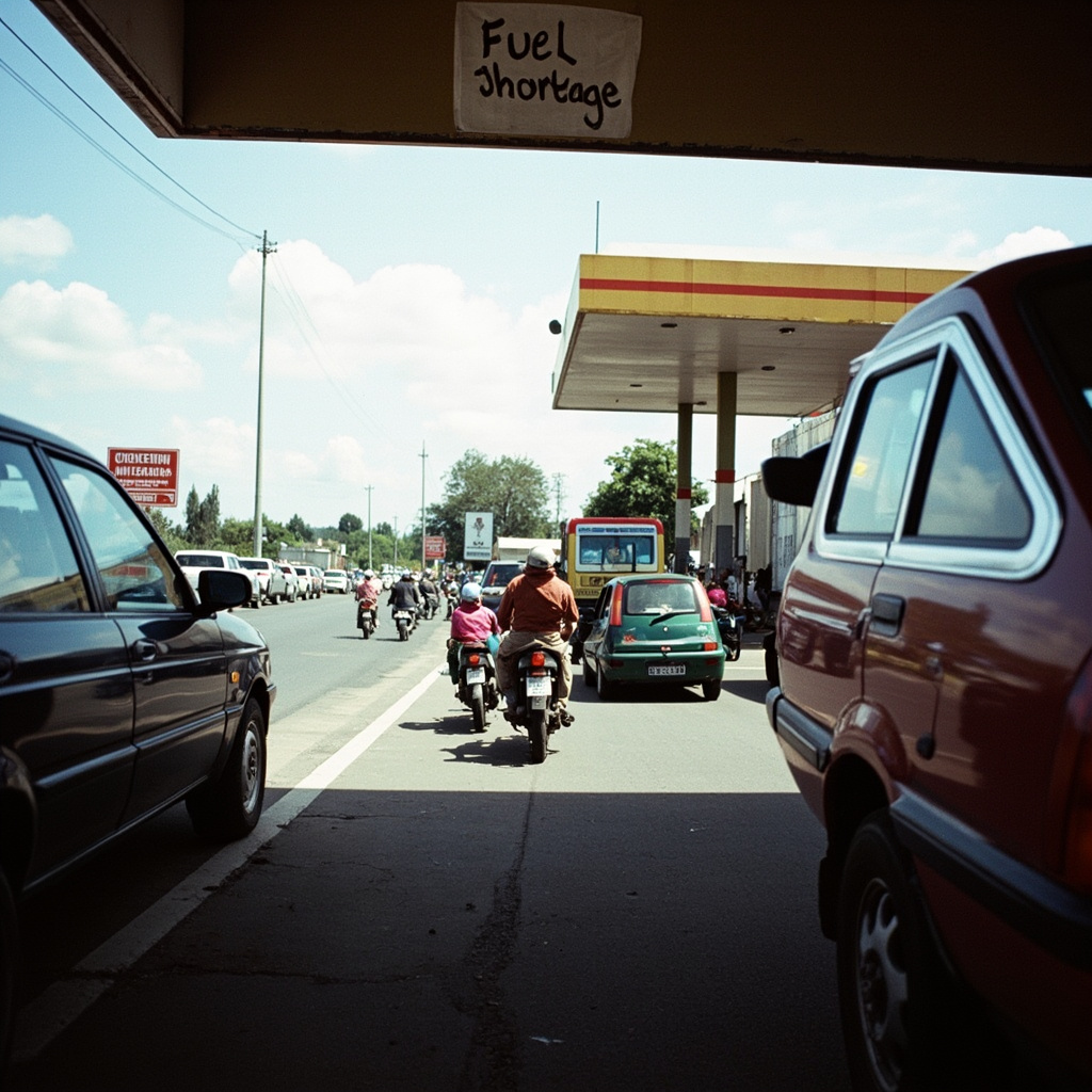 Long queue of vehicles at a Zambian fuel station, dust visible, late afternoon light, people waiting outside their cars, documentary photography