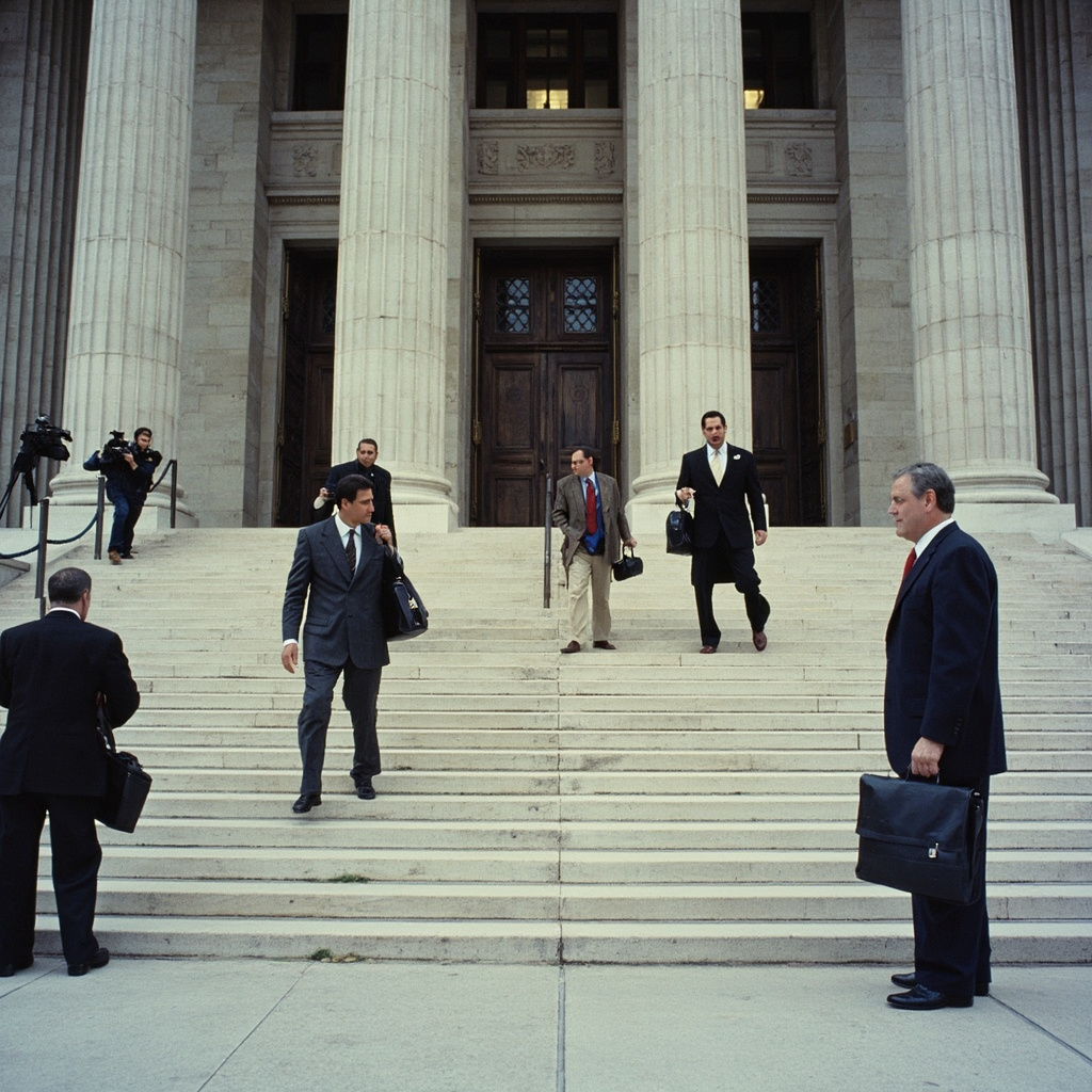 Federal courthouse exterior with Anthropic and Pentagon logos visible on media boards held by protesters, overcast light, documentary photography