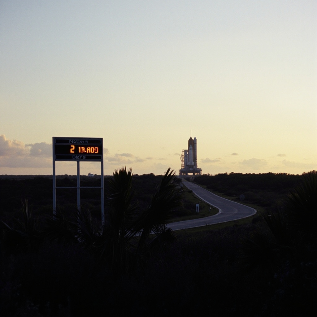 Artemis II SLS rocket stands on launch pad 39B at Kennedy Space Center under morning light two days before launch