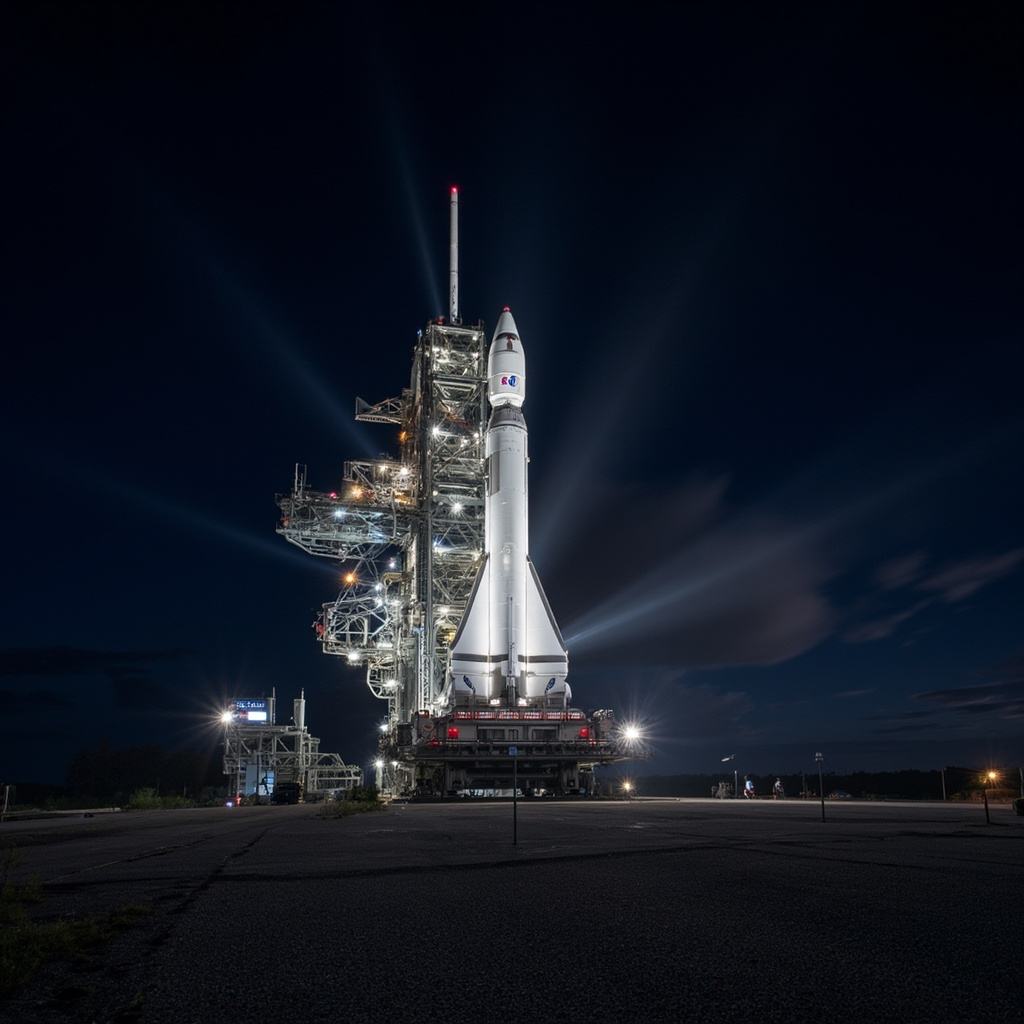 NASA Space Launch System rocket on Launch Complex 39B at Kennedy Space Center at night, fully lit by floodlights, steam venting from the mobile launcher