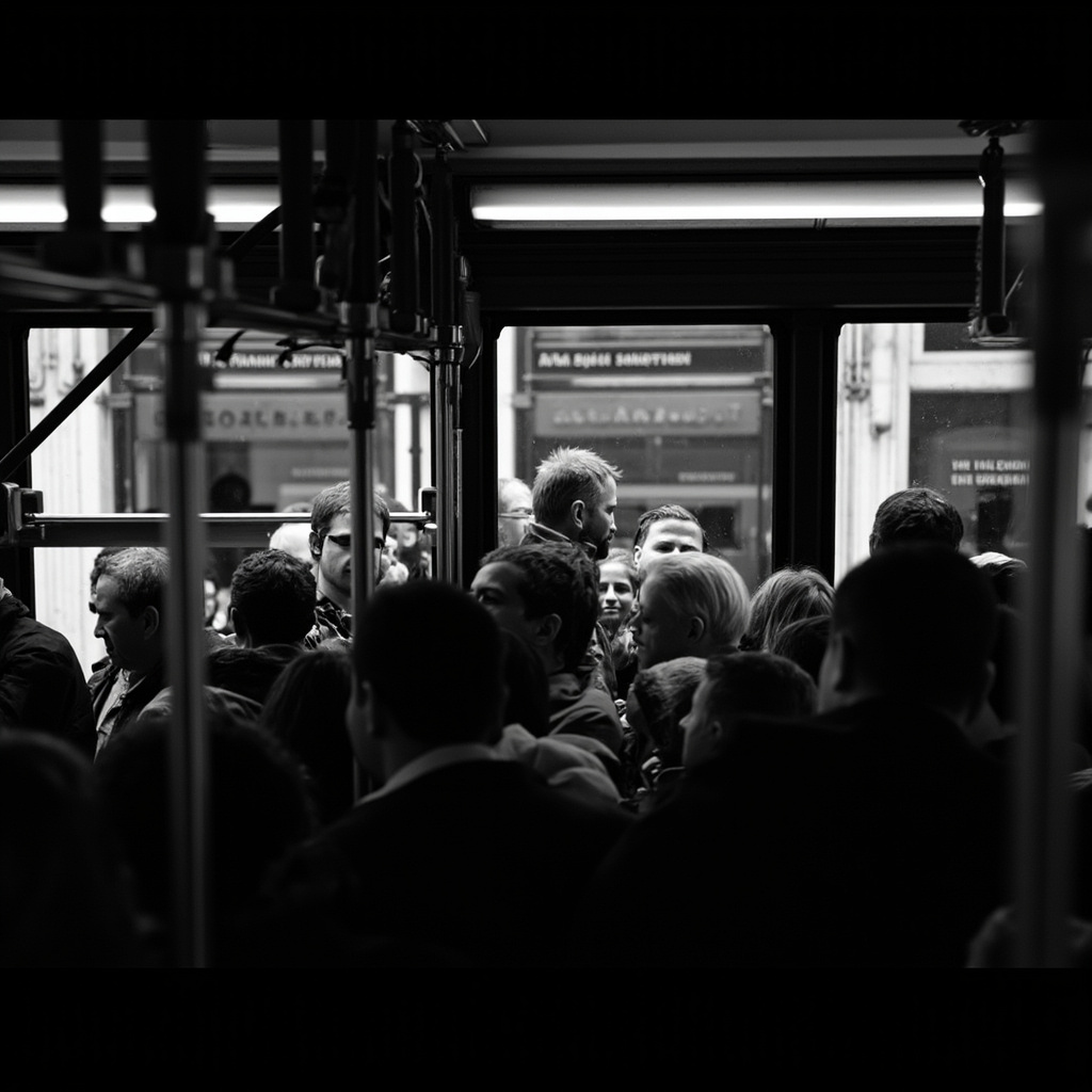 Crowded tram in Melbourne with commuters standing room only, viewed from the rear platform