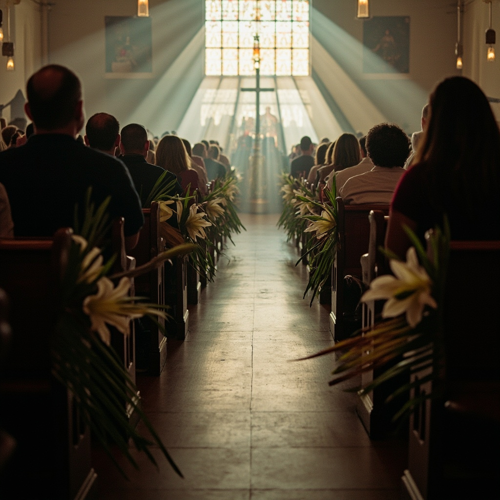 Easter Vigil Mass candlelight service in a large cathedral, rows of worshippers holding candles