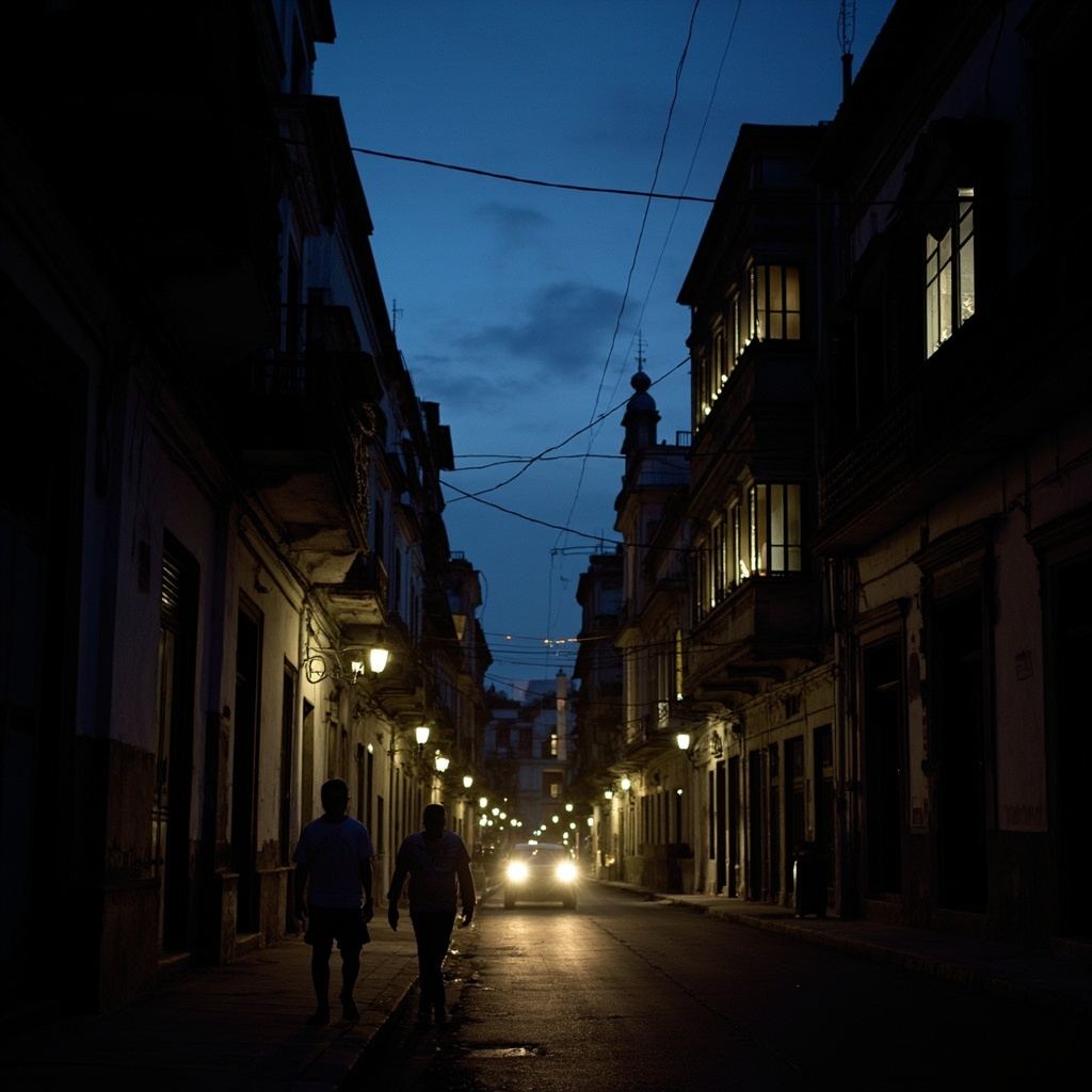 Havana neighborhood seen from above at night, large sections of the city in complete darkness, a few lit windows visible, the Malecon barely distinguishable against the sea
