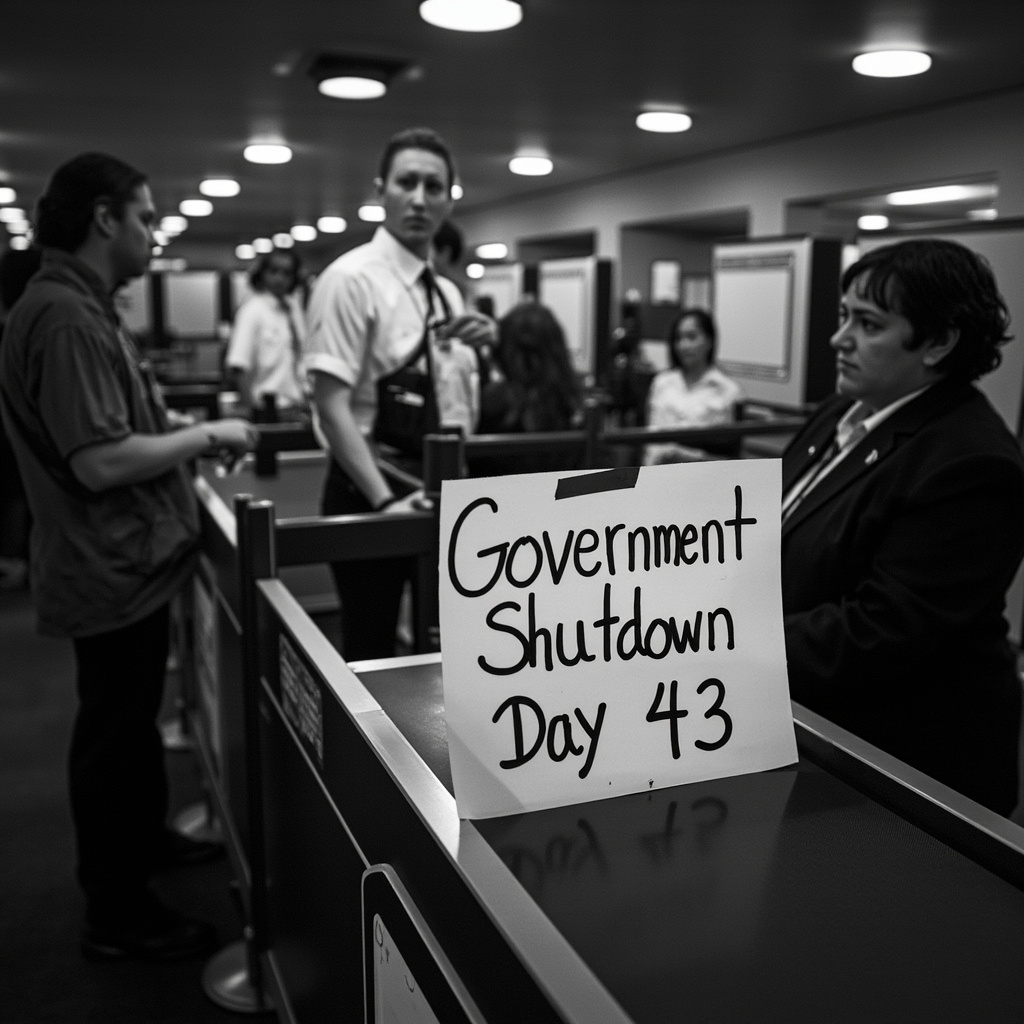 Near-empty TSA security checkpoint at a US airport, one agent visible, few passengers in line, overhead screens dark