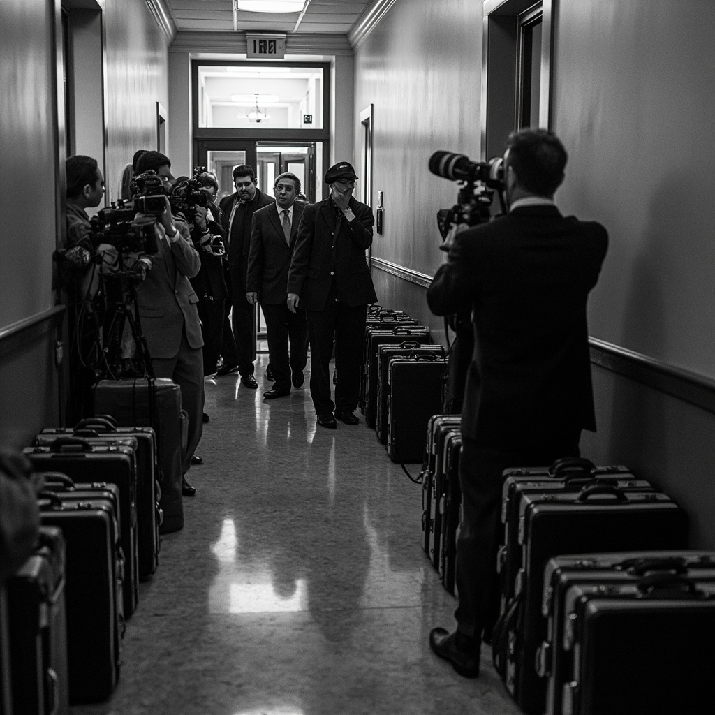 Minneapolis federal courthouse exterior, press cameras positioned outside marble steps, early morning overcast light, documentary photography