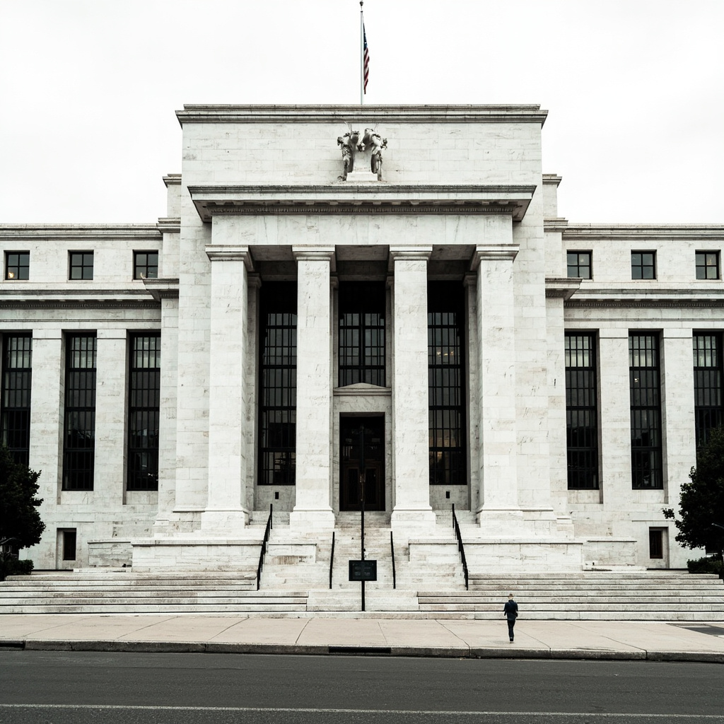 A Federal Reserve building facade with a cracked concrete wall extending from its base, oil price chart visible through a window reflection, overcast sky