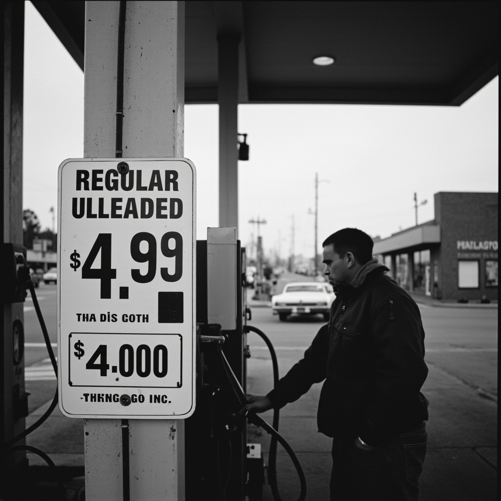 A gas station price sign showing $4.09 for regular unleaded, early morning light, a queue of commuter vehicles visible at the pumps behind it