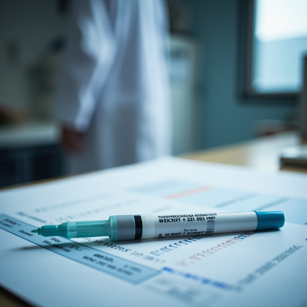 A medication calendar with GLP-1 injection pens arranged beside it, some dates checked, some unchecked, clinical desk lighting, shallow depth of field