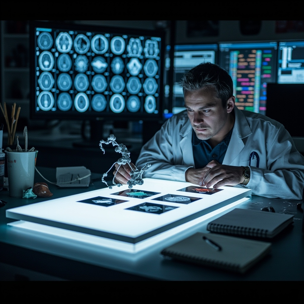 A researcher in a clinical setting examining brain scan images, pharmaceutical bottles blurred in the foreground, cool laboratory lighting