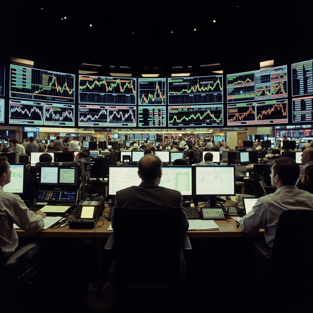 A Goldman Sachs research terminal screen showing oil price forecasts with upward revision arrows, a Wall Street exterior reflection visible in the dark screen