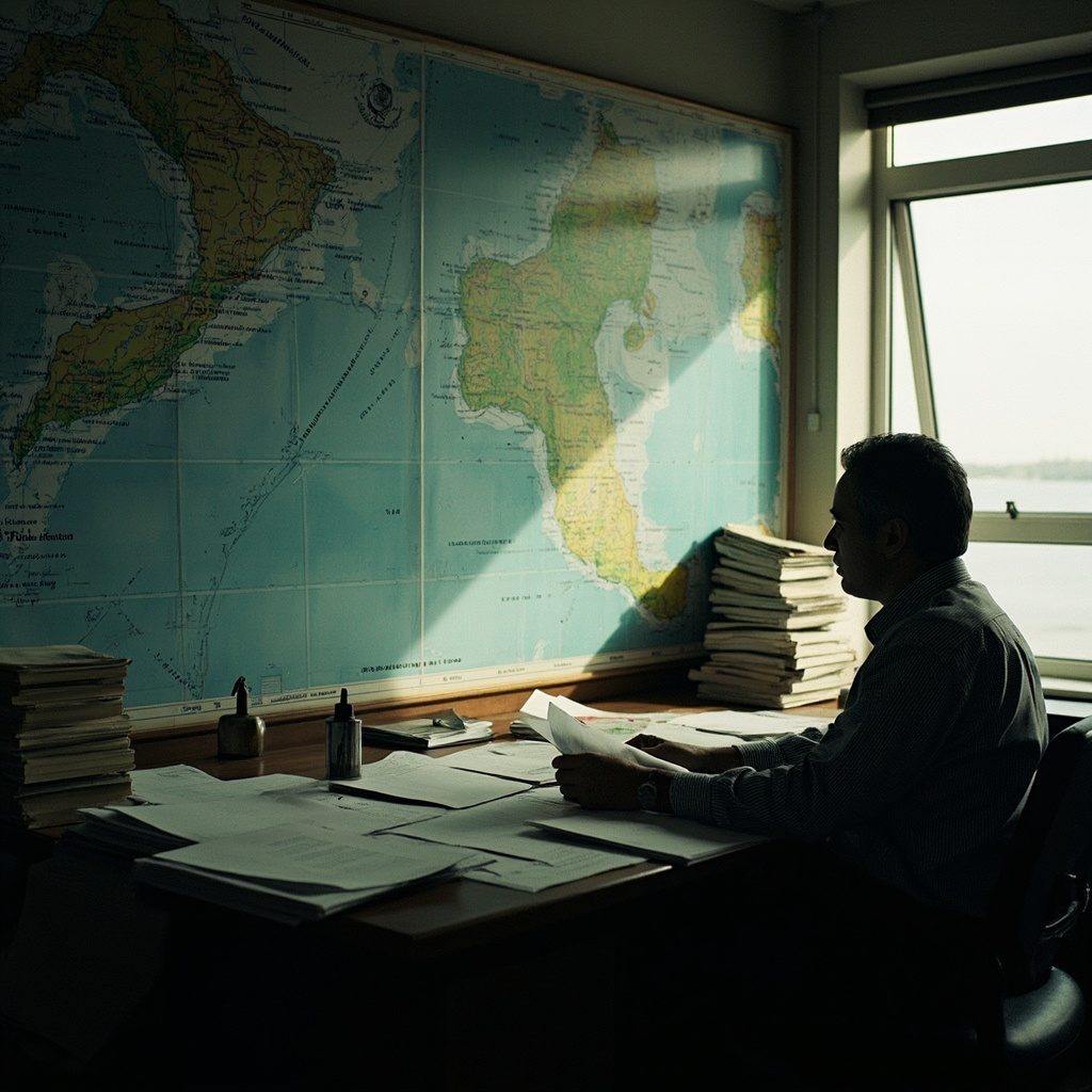 A tanker vessel in the Strait of Hormuz viewed from above, narrow shipping lane visible between Iranian and Omani coastlines, helicopter shadow on water