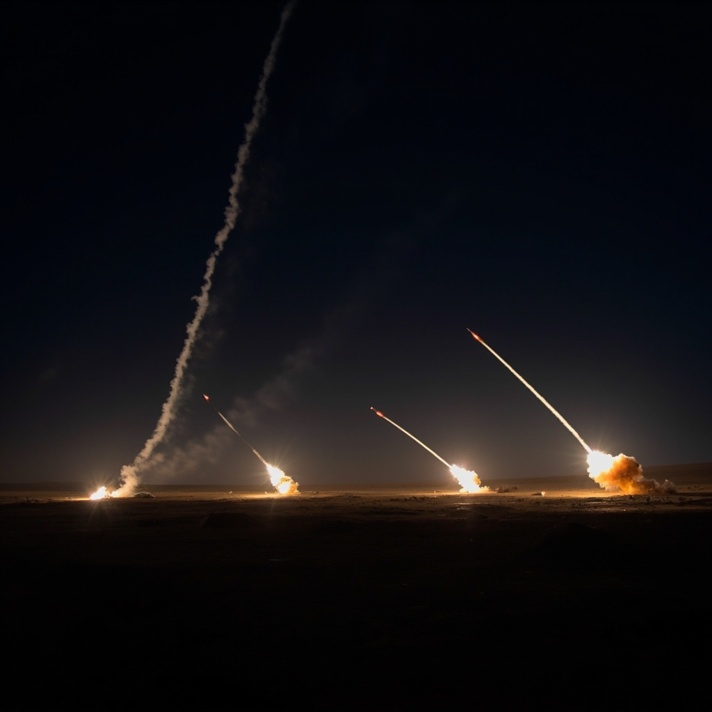 Israeli Iron Dome interceptor streaks visible against a night sky, intercepting incoming projectiles, long-exposure photograph showing multiple interception arcs
