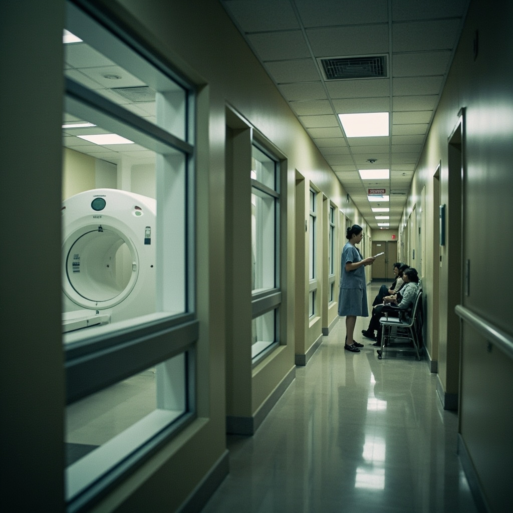 An MRI machine in an Indian hospital corridor, technician visible in background