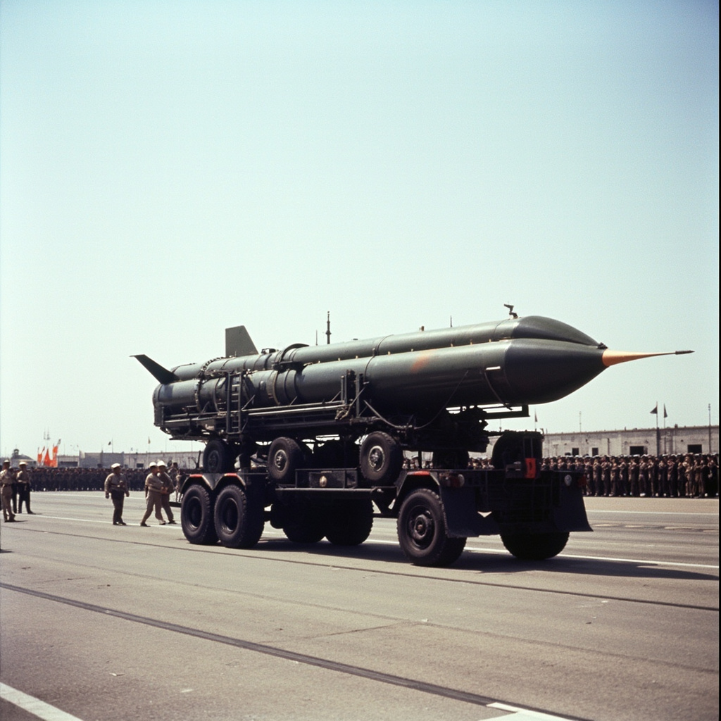 IRGC military vehicles moving through an urban Iranian street at dusk, flags visible, dust in the air, documentary photography