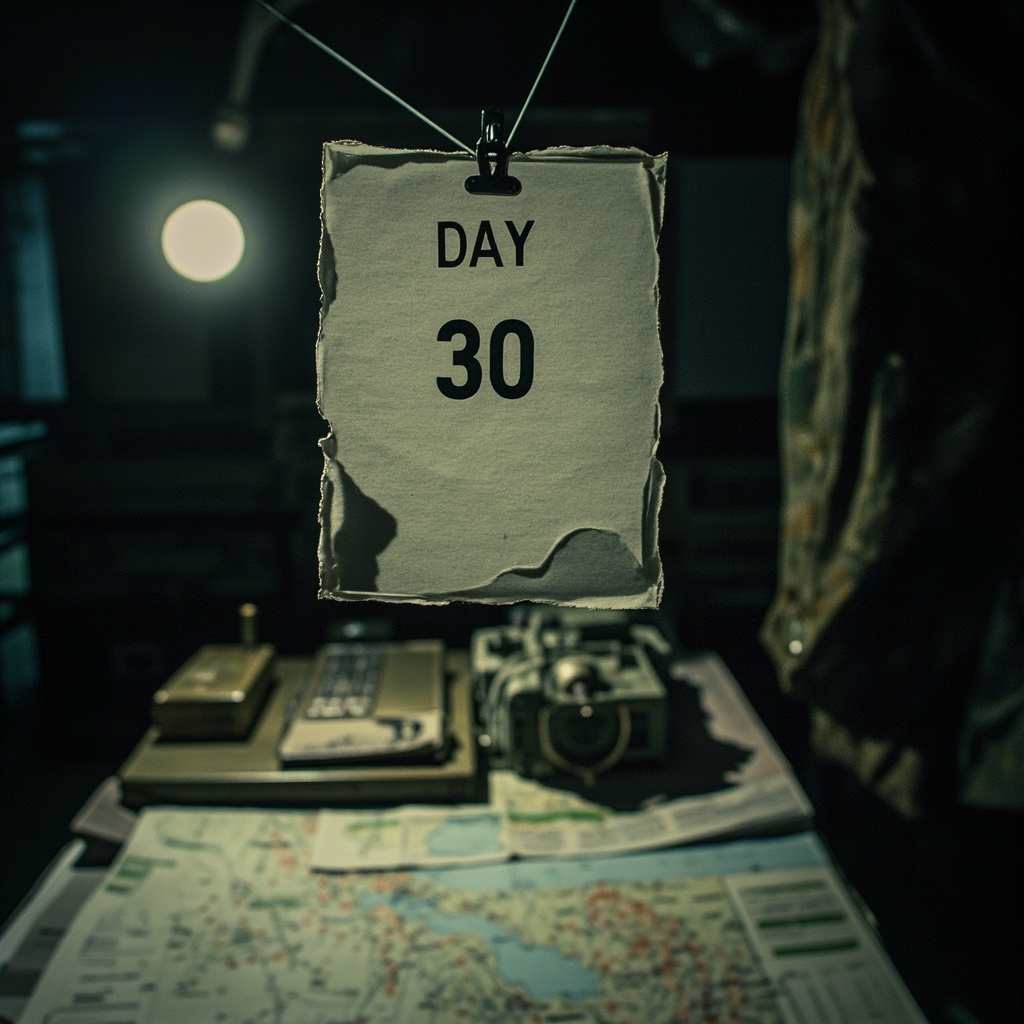 A cracked wall calendar showing March 2026 with all thirty days crossed out, rubble visible through a broken window in the background, overcast light