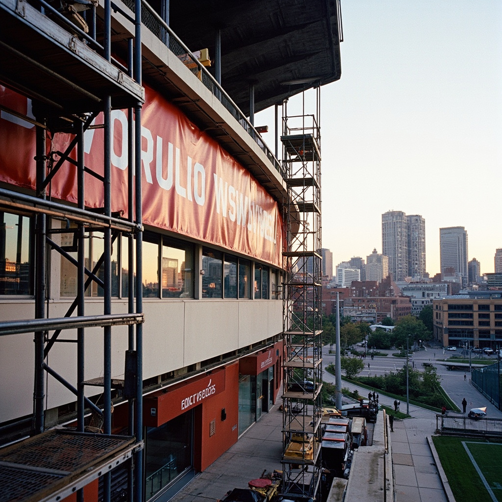 Kansas City's Union Station lit in World Cup 2026 colors, countdown banners strung between lampposts, workers installing final signage on the new Riverfront streetcar stop