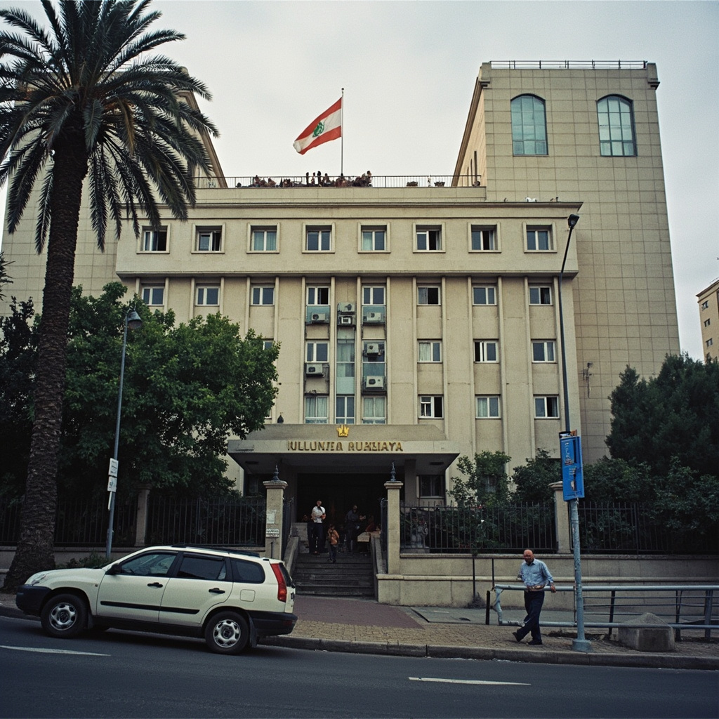 Iran's embassy building in Beirut with Lebanese security forces outside and a crowd of Hezbollah supporters gathered on the street