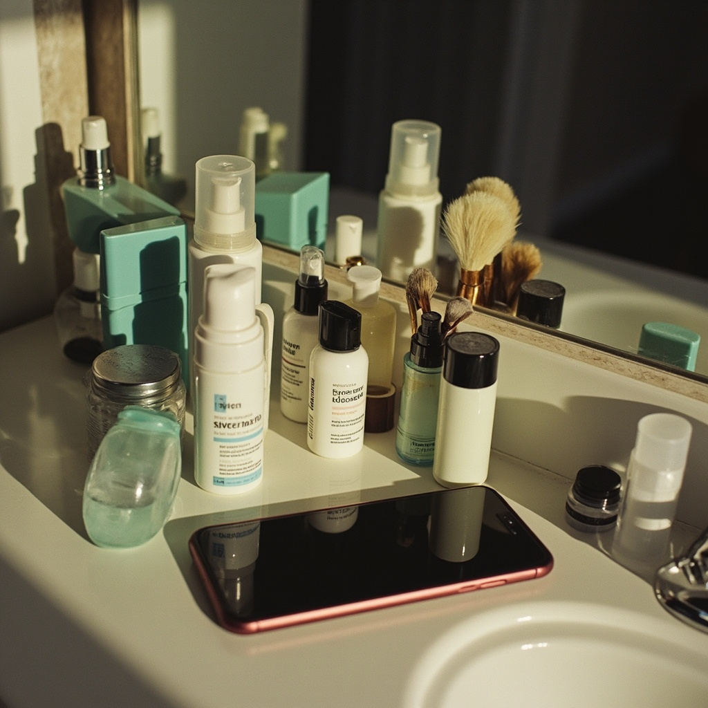 A smartphone screen reflecting a young man's face with beauty filter overlays