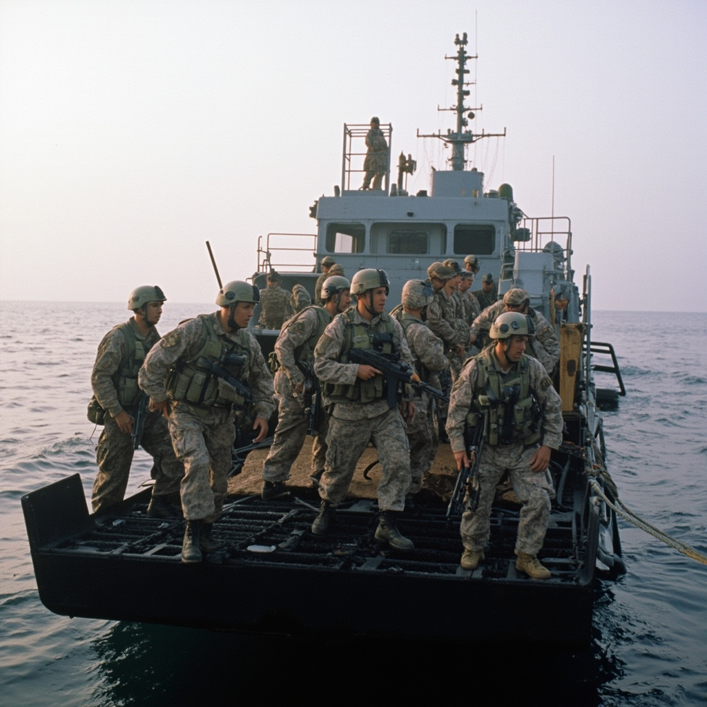 US Marines in full gear on the deck of an amphibious assault ship in open ocean, horizon visible, military equipment staged for deployment