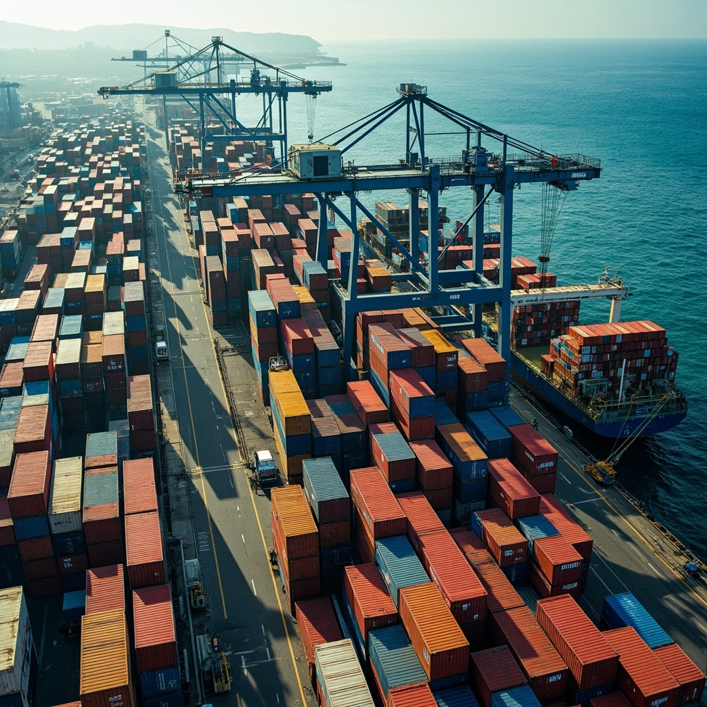 Aerial view of a busy Mediterranean container port with stacked shipping containers and cranes against a sunset sky