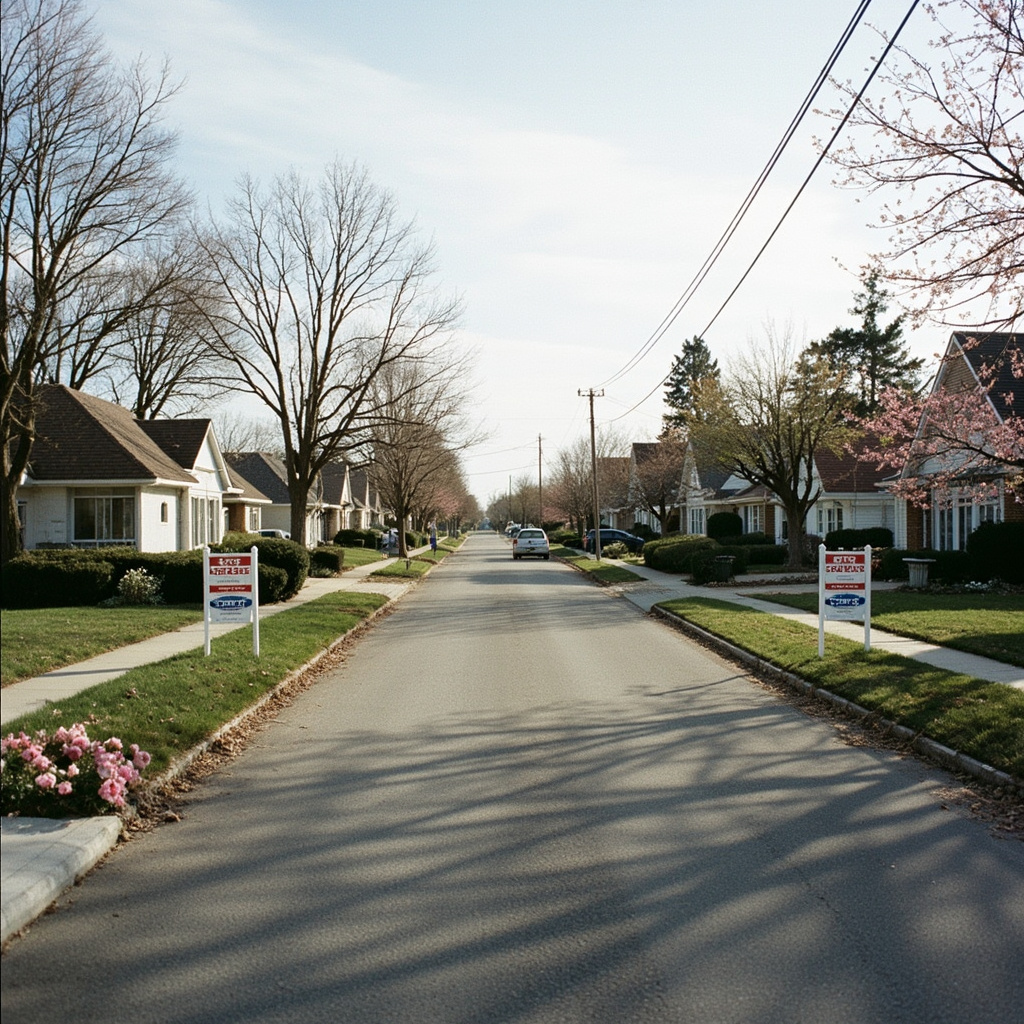 For Sale sign in front of a suburban house with spring flowers blooming in the yard, no cars in the driveway, overcast sky
