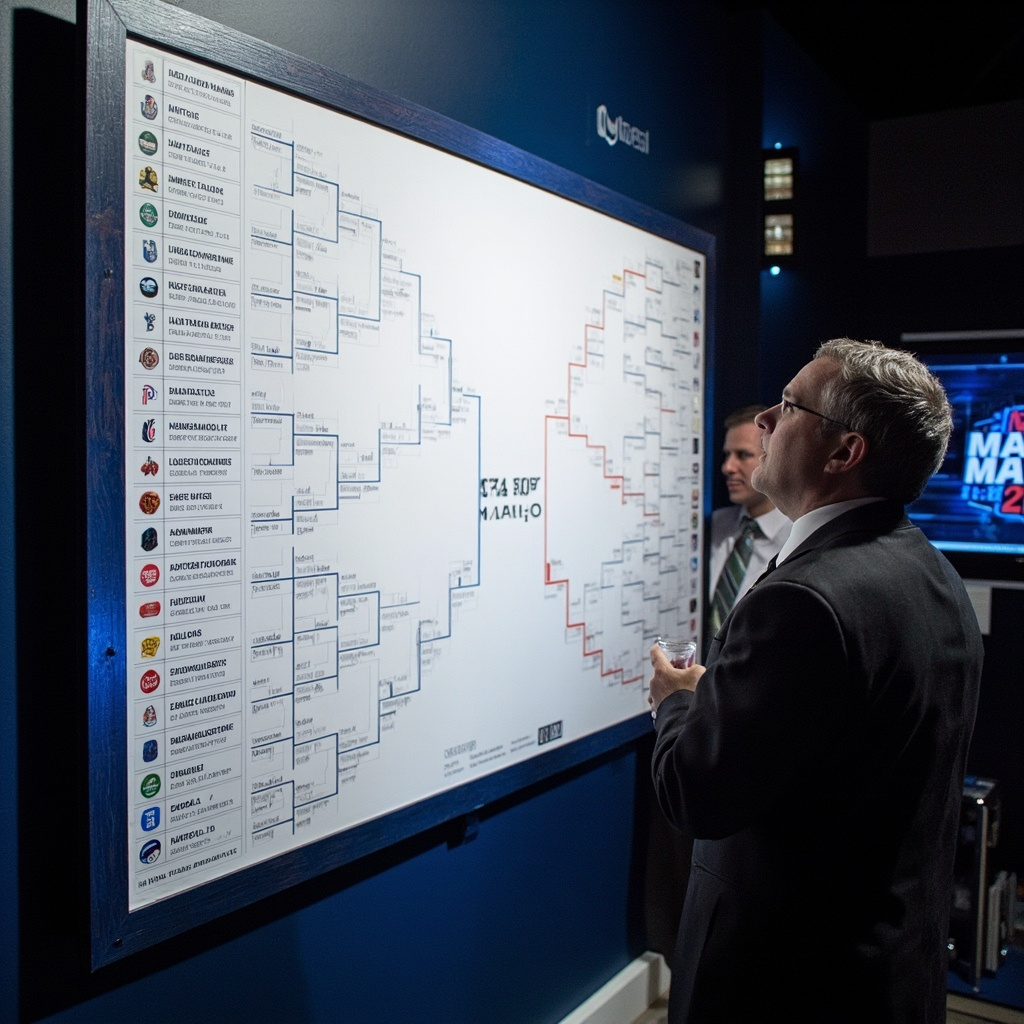 UConn men's basketball player raising fist after last-second shot, Duke players visible in background, tournament arena light, game photography