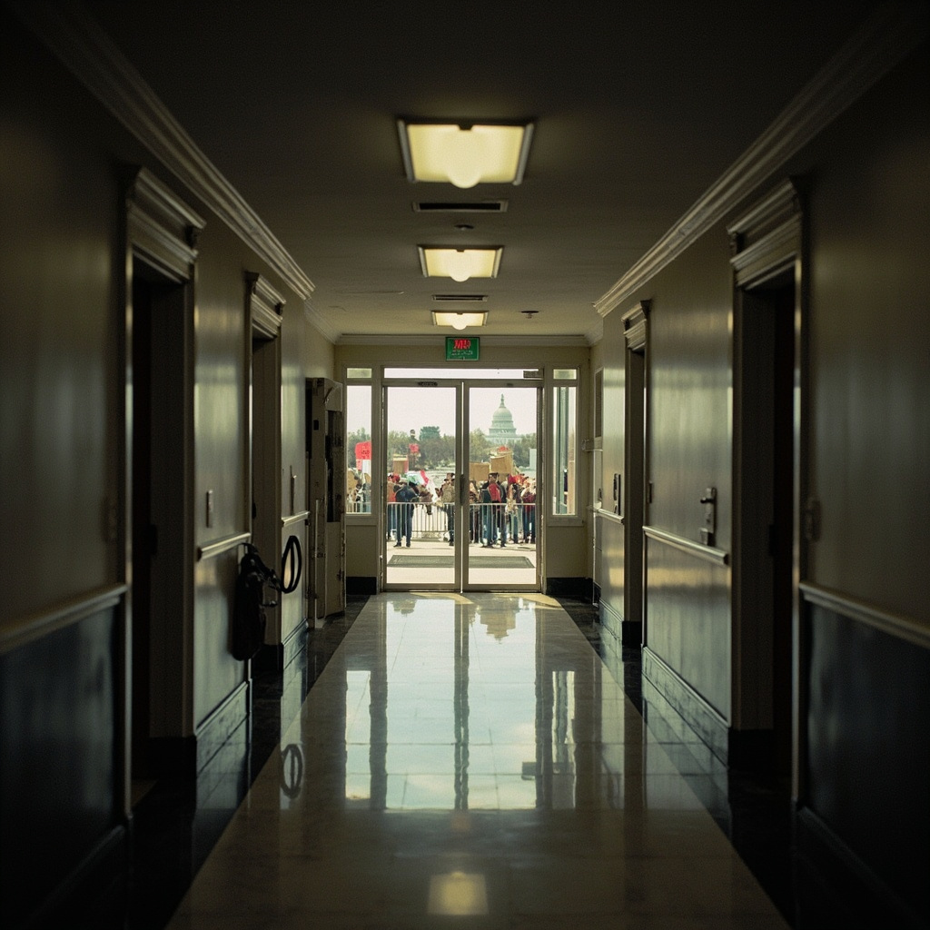 Empty Washington DC street the morning after the No Kings protest, protest signs left on the National Mall steps, Capitol building in background