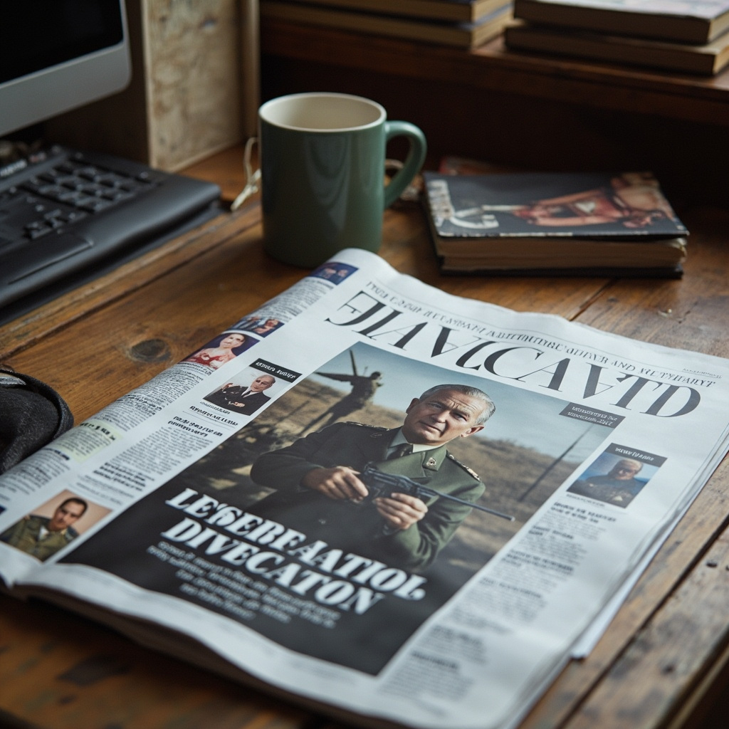 A copy of the New York Times Sunday edition open to a full-page feature, headline visible under desk lamp, coffee cup and reading glasses beside it