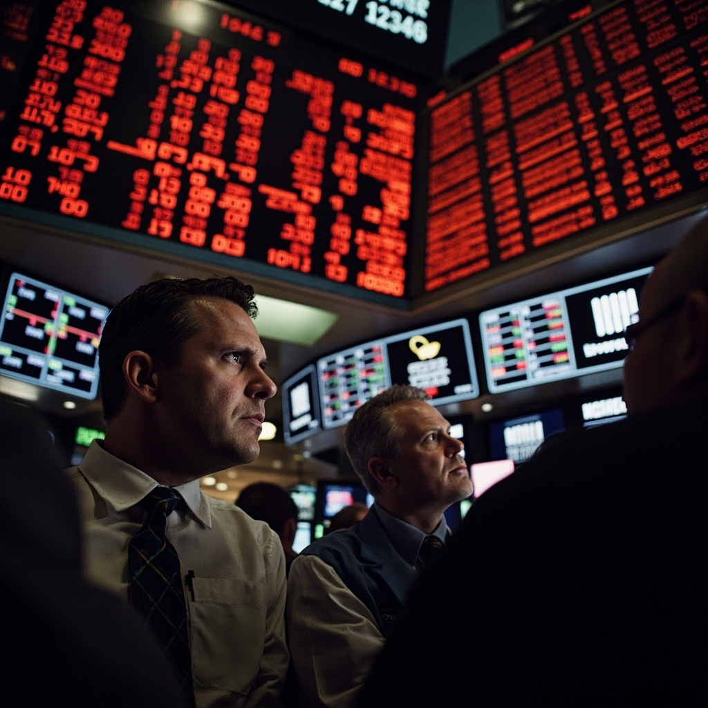 Trading floor with screens showing crude oil price charts spiking above $100, traders at workstations in foreground
