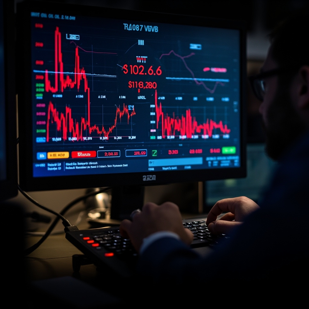 A digital commodities ticker screen showing WTI crude above $102 in red, adjacent to a news chyron reading 'Houthi Second Wave,' trading desk background