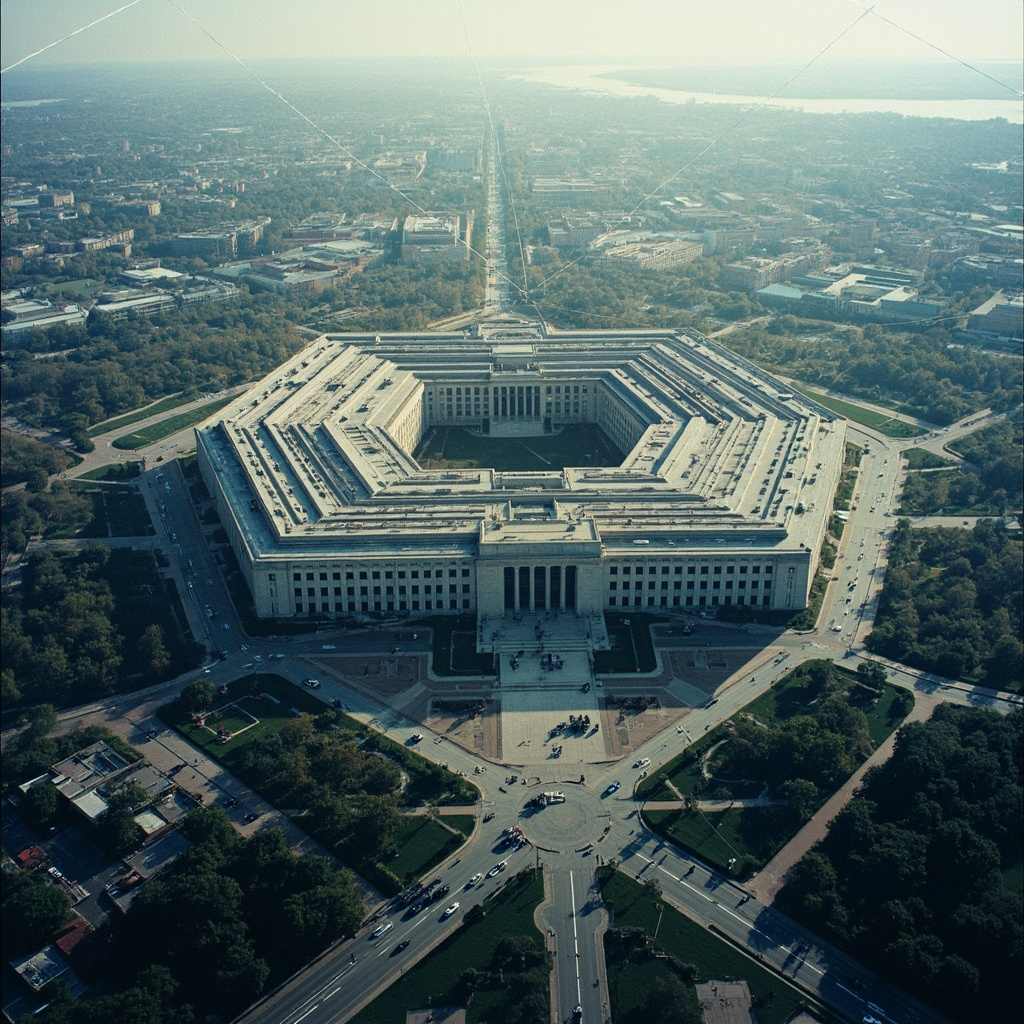 Sam Altman at a podium with US government seals visible behind him, formal setting, press cameras in foreground, documentary photograph