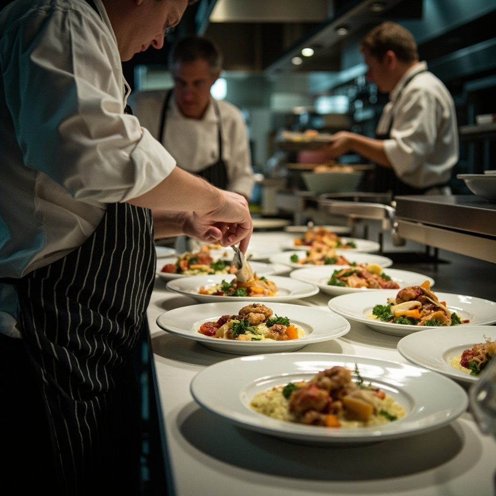 Restaurant table with smaller portion high-protein dish and menu showing GLP-1 friendly options