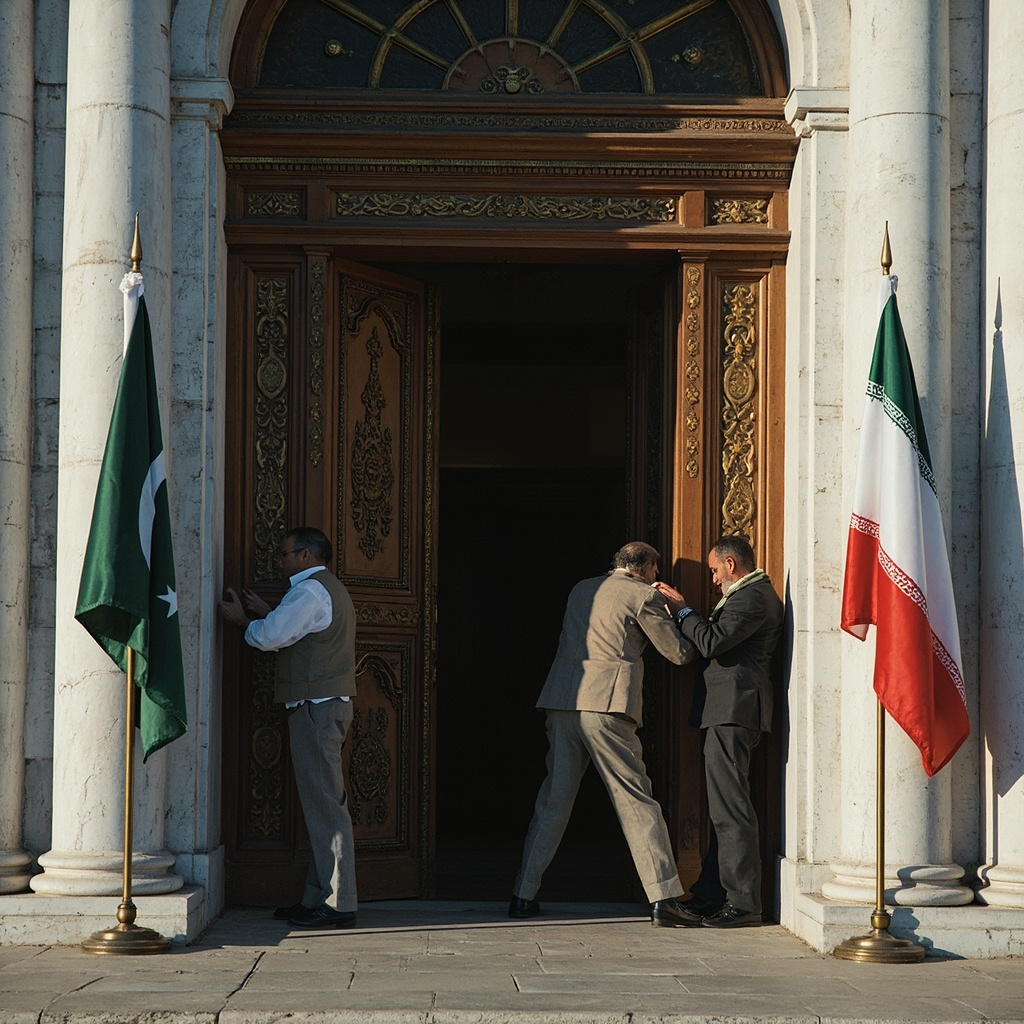 Pakistani and Iranian flags visible together in a diplomatic meeting room, formal setting, overhead lighting, documentary press photography