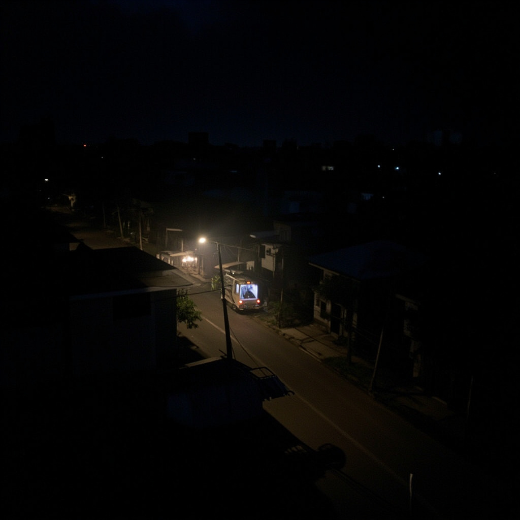 Manila residential neighborhood at night with half the street lights out, some apartment windows lit by candles or generators, others dark, street-level photography