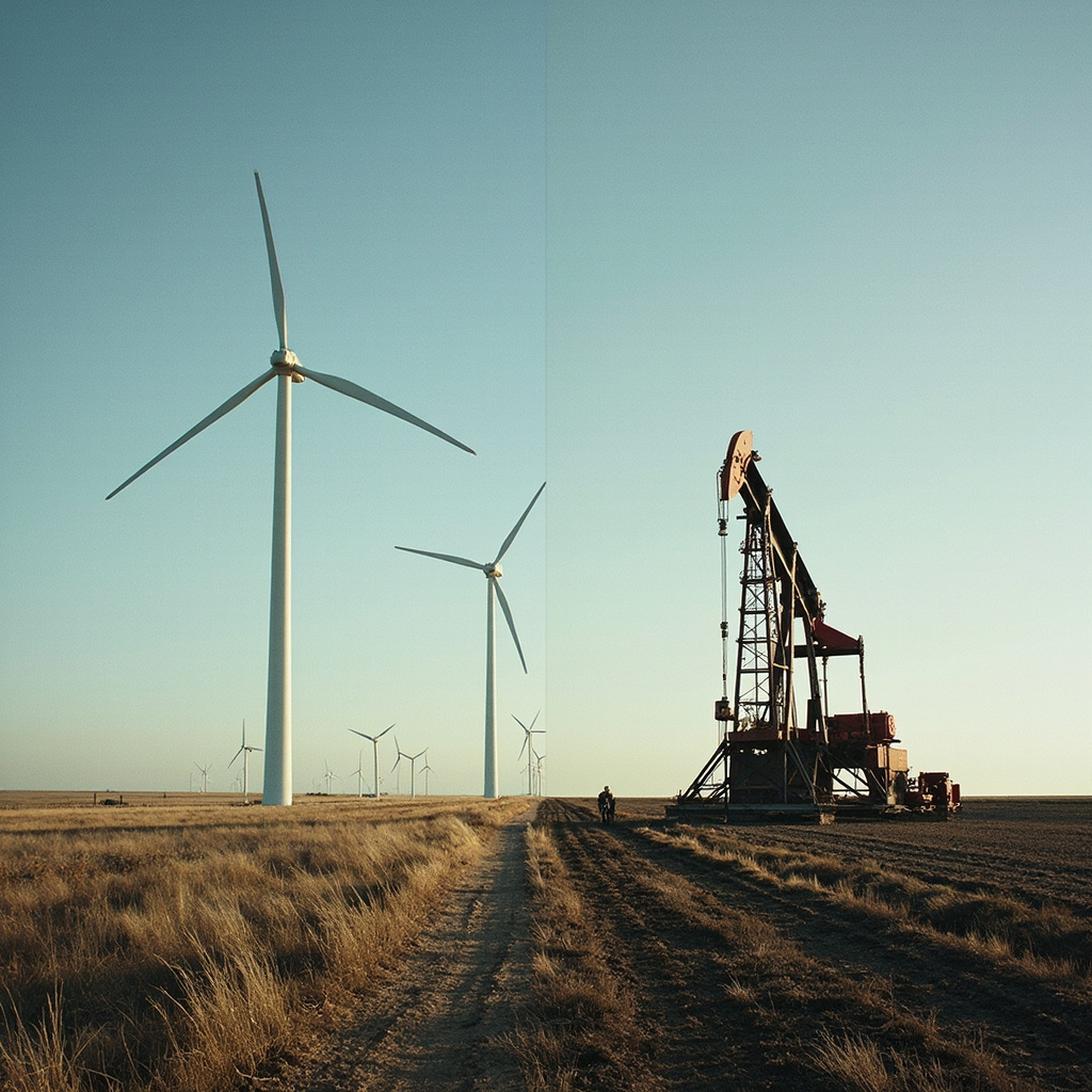 Split aerial image showing solar panel farm on left and petroleum refinery on right, separated by a two-lane highway running between them