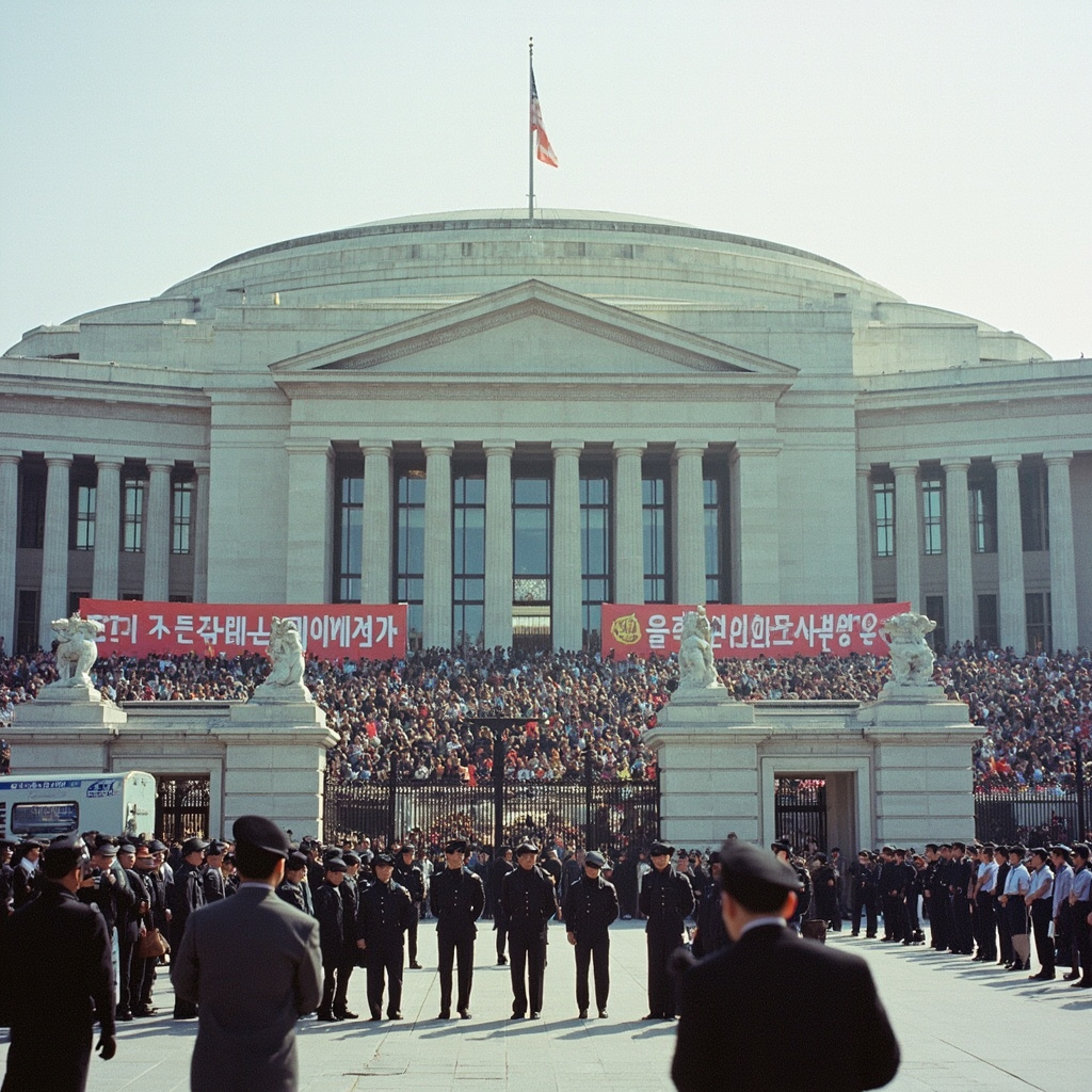 The National Assembly building in Seoul, South Korea, with opposition protest signs visible outside
