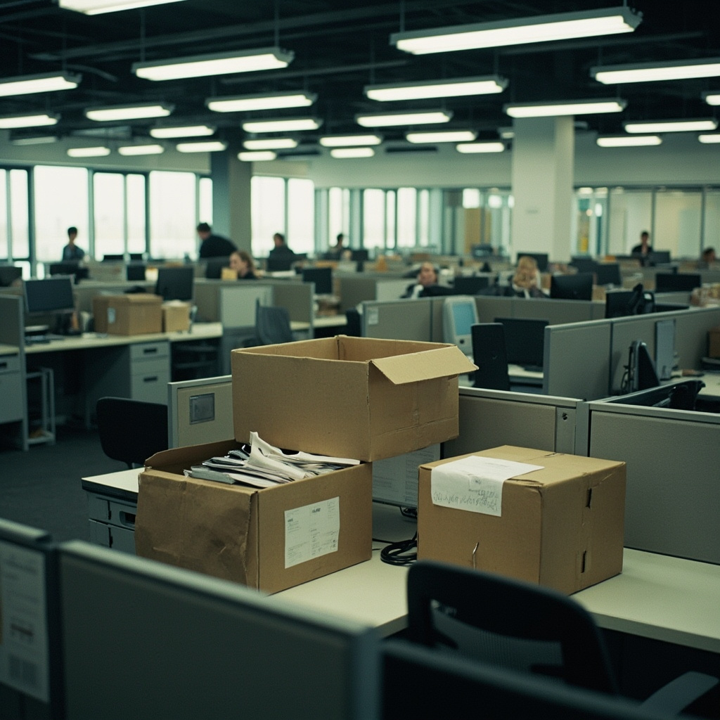 Security badge scanning deactivated at a tech campus entrance, a cleared desk visible through a glass partition, documentary photography