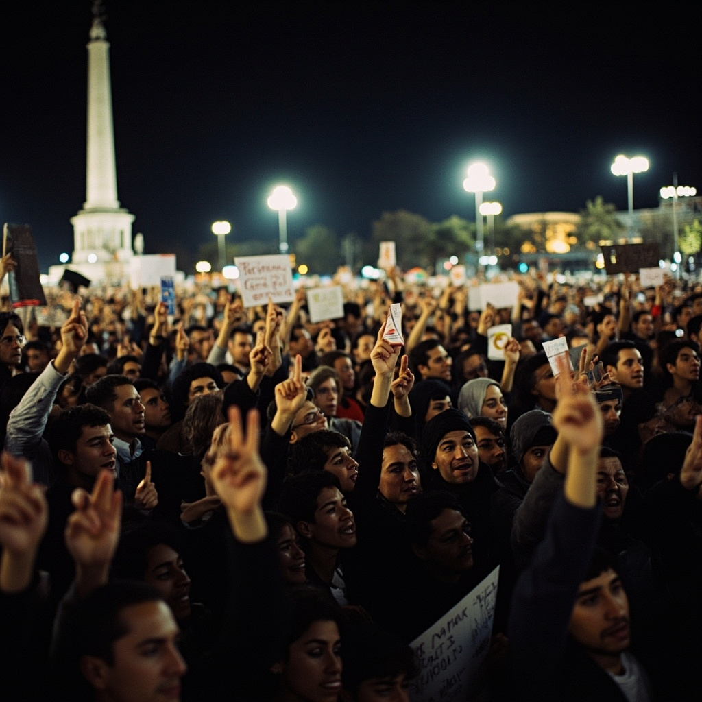 Israeli protesters holding signs in Hebrew and English in Tel Aviv's Habima Square at night, police lights visible in the background, protest flags and flares