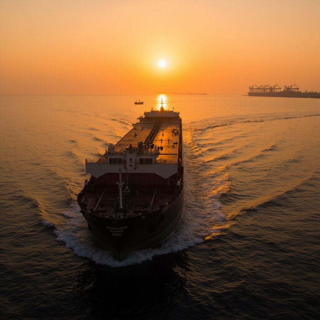 Oil tanker passing through the Strait of Hormuz at sunset, silhouetted against an orange sky