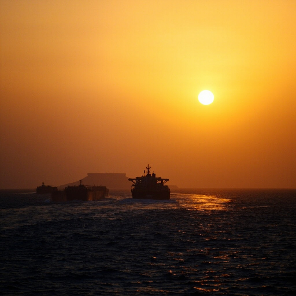 Aerial view of Kharg Island oil terminal in the Persian Gulf with tankers loading crude, smoke visible from nearby refinery stacks