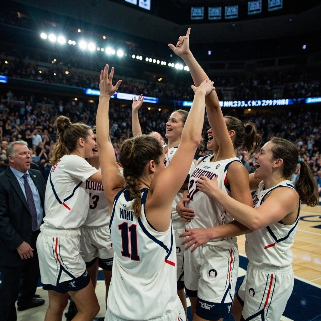 UConn women's basketball team cutting down the net after Elite Eight victory, players embracing, confetti falling, Fort Worth arena lighting, game photography