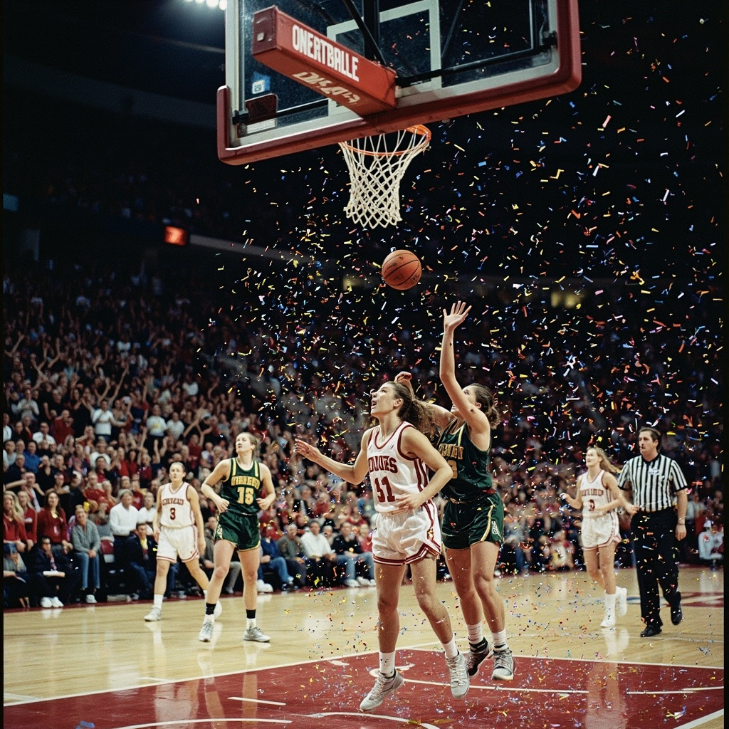 Virginia players celebrating at center court of Carver-Hawkeye Arena, confetti in the air, Iowa fans visible in the background in stunned silence, game photography