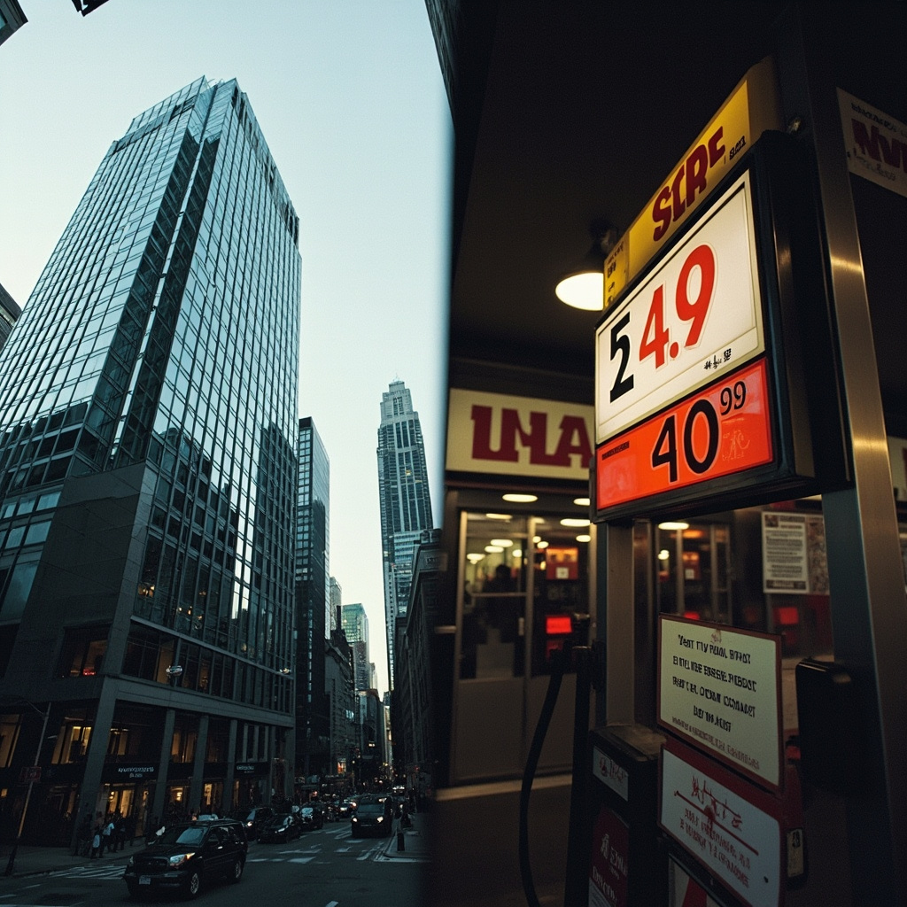 A Wall Street street sign with a gas station price board showing $4 per gallon in the background