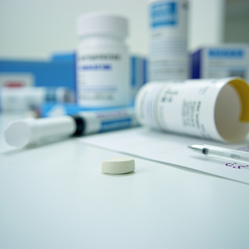 A white oral medication tablet in a patient's palm against a blue background, a blister pack of pills visible in the background, clean clinical lighting