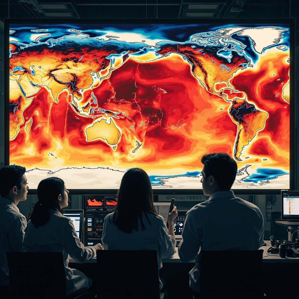 Satellite thermal image of Earth showing heat distribution, representing record planetary energy imbalance