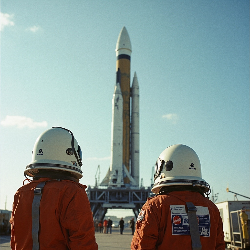 Artemis II crew in spacesuits standing before the SLS rocket at Kennedy Space Center Launch Complex 39B