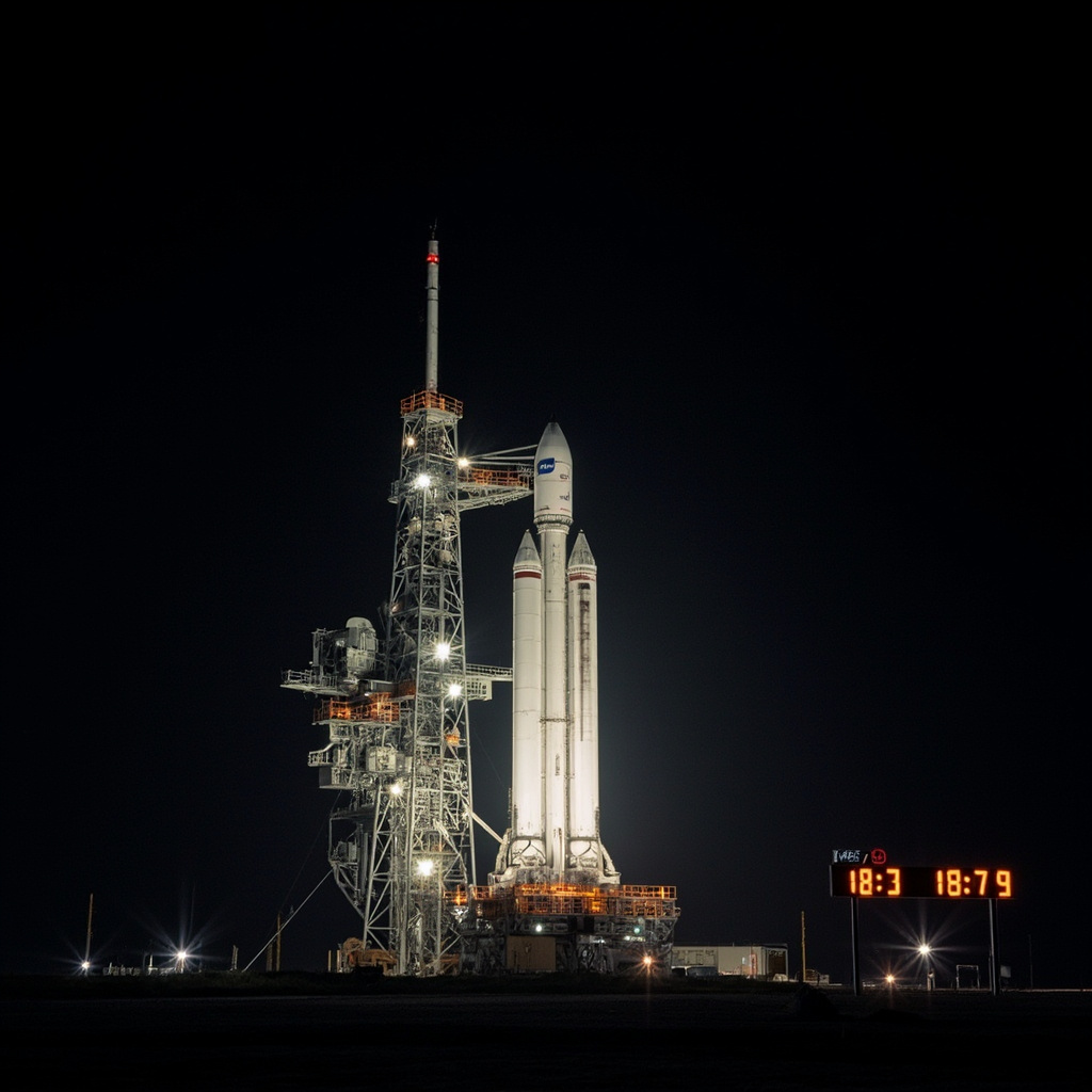 NASA's Space Launch System rocket illuminated by xenon lights on Launch Pad 39B at Kennedy Space Center, countdown clock visible in the foreground showing T-minus hours
